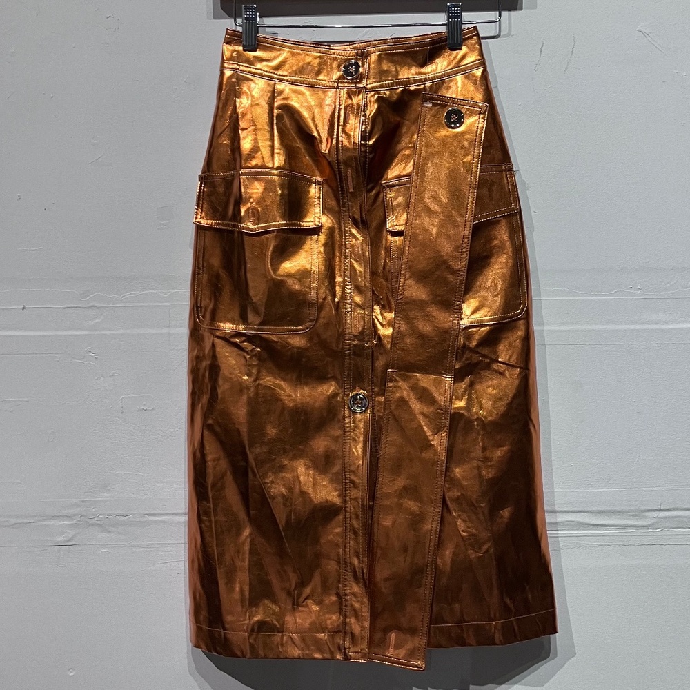 Copper button front faux Leather pencil skirt